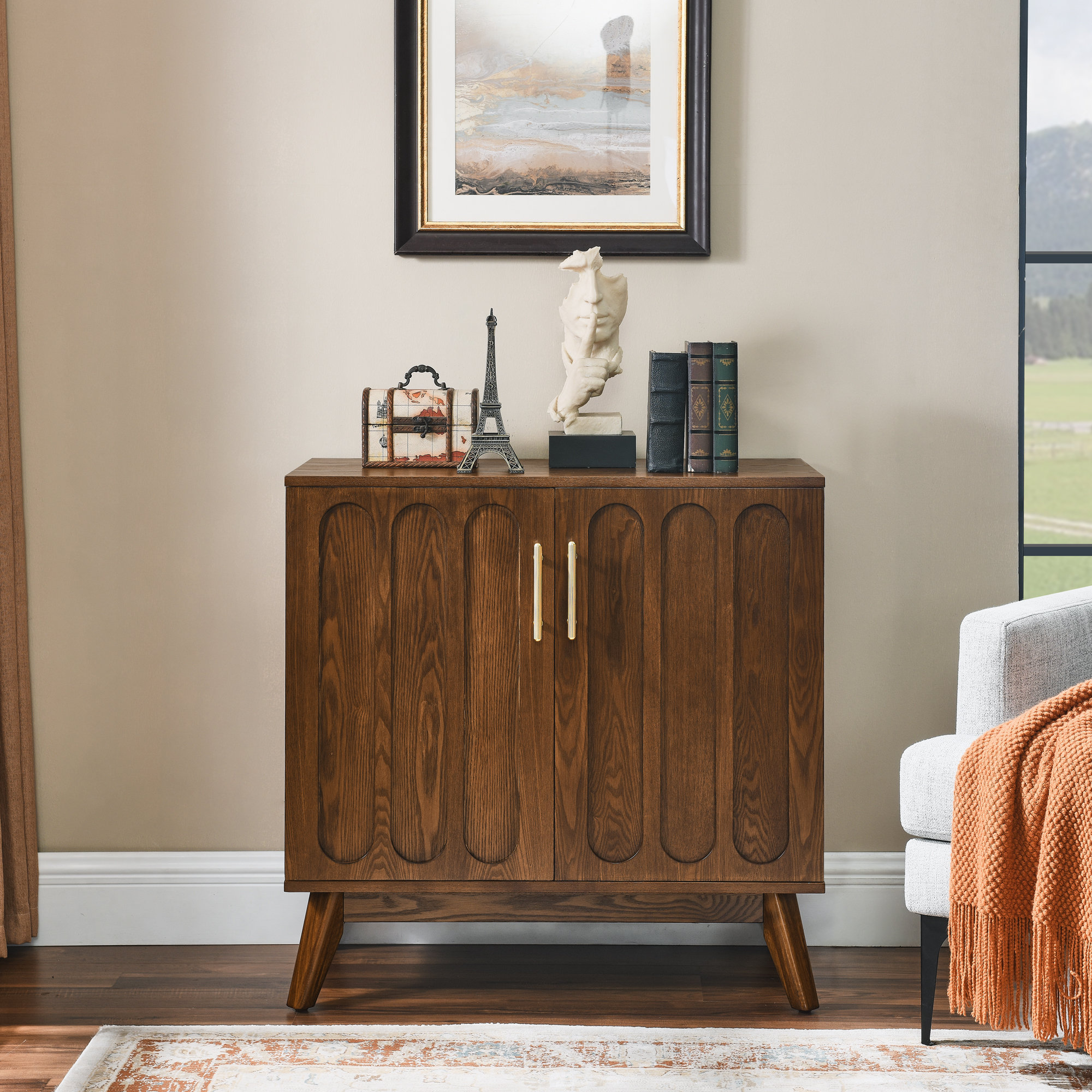 Millwood Pines Mid Century Modern Fluted Sideboard Cabinet With Adjustable Shelves Solid Wood Legs Buffet Cabinet With Storage Walnut Storage